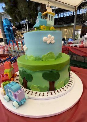 Two tiered "train" birthday cake