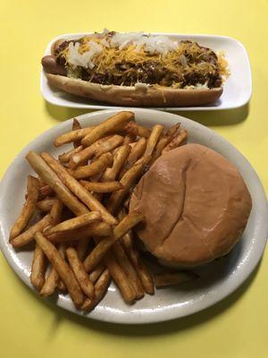 Jumbo burger and footlong chili dog