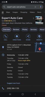 Phone number, business hours as of 7/3/2024, address 2570 Leghorn St, #1, Mountain View, CA 94043