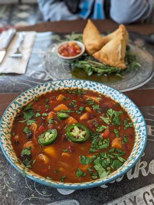 Vegetarian Chili and Samosas