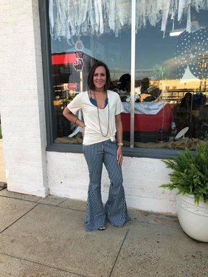 Bell bottoms, v-neck tee, bralett and jewelry from magnolia grey.