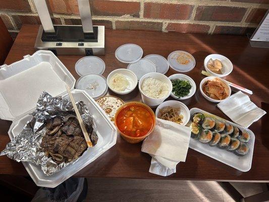 LA galbi, kimbap, soup and sides