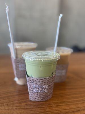 Sweetened Medium Matcha Milk, Madagascar Vanilla Latte, and Royal Milk Tea