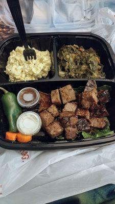 Burnt ends beef, greens, potatoes salad.  I crave their food.       Thank me later.   Get you some. $13.00