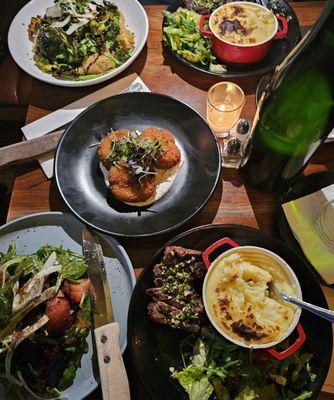 Roasted Beets & Fennel Salads, Cauliflower Fritters & Steak Frites dishes w/ Mixed Greens & Mashed Potatoes - All Delicious!