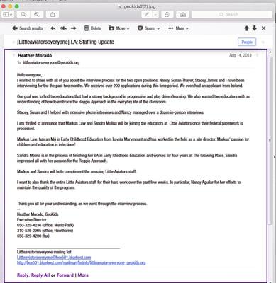 Email from Heather Morado (Executive Director at GeoKids) to 'littleaviatorseveryone@geokids.org'. Nancy and Stacy James are mentioned.