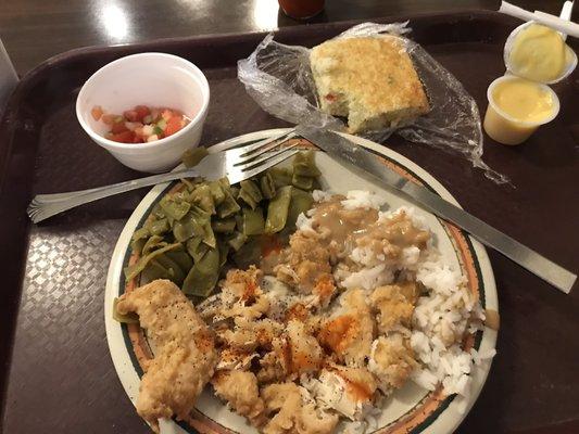 Chicken, rice and gravy, green beans, Mexican cornbread and pick!!!