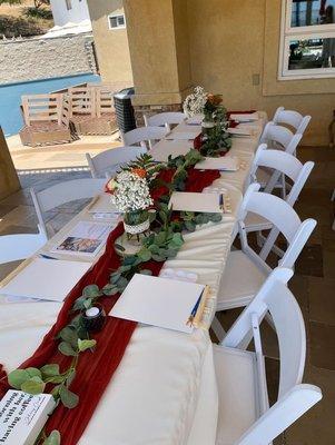 White Resin Chairs, ivory linen, 6 foot rectangle table