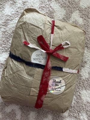 Adorable packaging from online order at chic boutique.