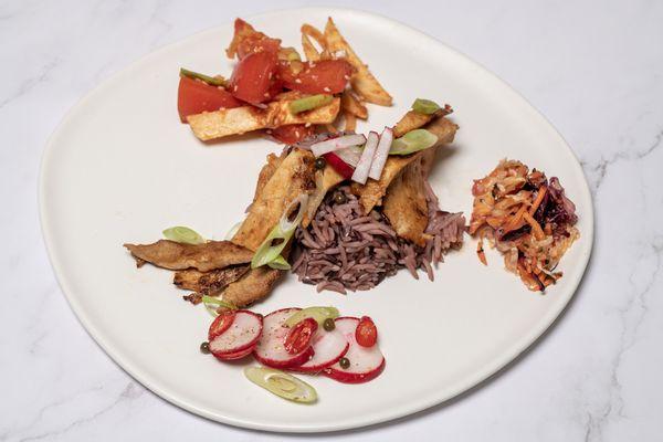 A riff off "Korean Summer Dinner" with Jisung Chun - tomato kimchi, kimchi coleslaw, quick pickled radish, multigrain rice, and pork bulgogi