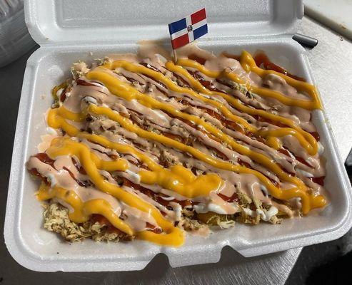 Our famous Yaroas. Our style of loaded fries With chicken, pork or mixed. Topped off with a mix of our sauces and cheese.