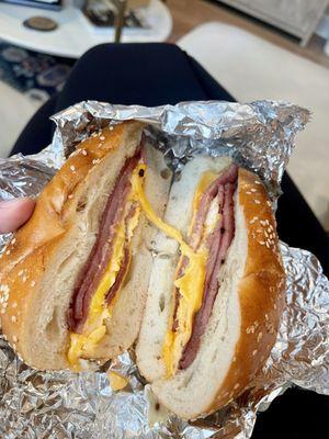 Taylor Ham and Egg Sandwich Breakfast (ordered SPK, but they forgot). Bagel tastes more like roll. Cheese barely melted.