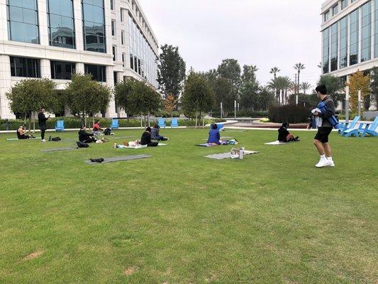 Outdoor space used for group classes like this yoga class that I took.