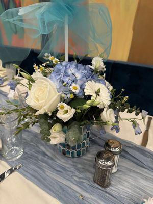 Baptism centerpiece with bellaflora blue vase