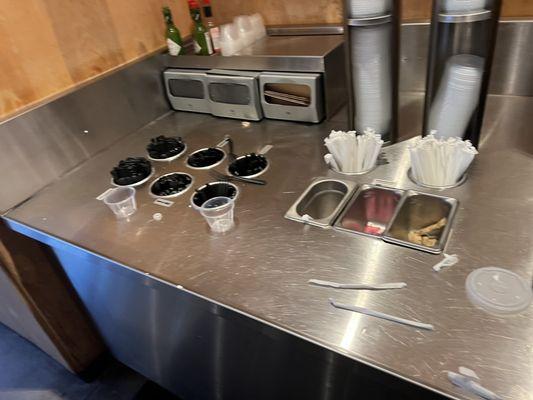 Counters are always dirty. The 'juice' dispensers have been empty for over a month and today it looks like they poured water into them.