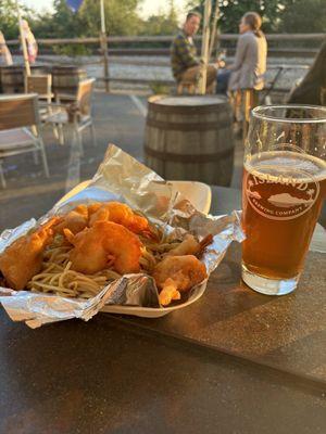 Garlic noodles and fried shrimp