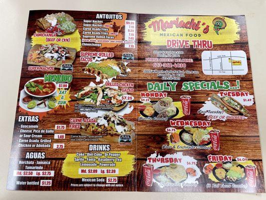 Menu. $1.99 for tacos on Tuesday Not $1.49