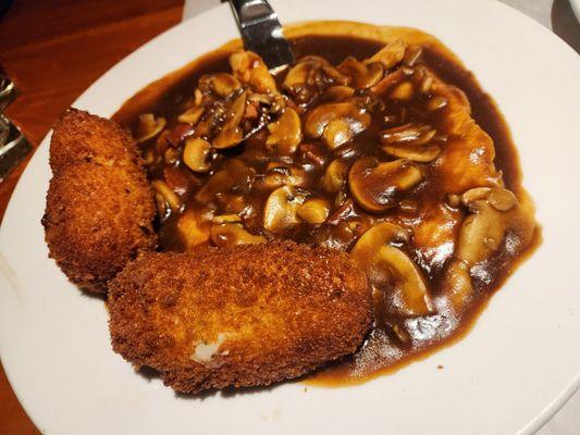 Chicken Marsalla with potatoe croquettes