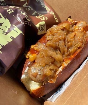 Seattle Dog - sautéed onions,  cream cheese, sriracha, bratwurst