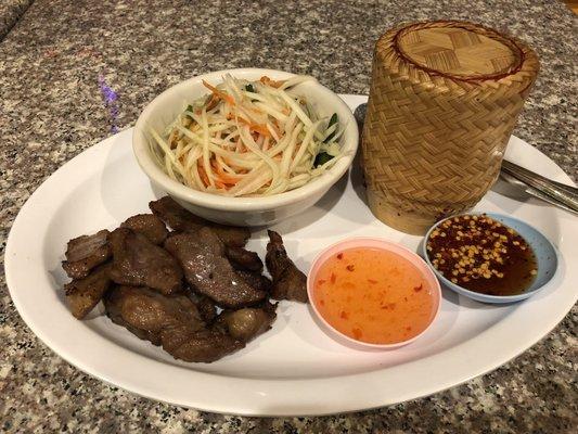 Three Companion Pork (papaya salad, sticky rice, and bbq pork)