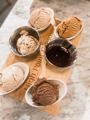 Ice cream flight. Brown sugar cinnamon, salty dog chocolate, and salted caramel