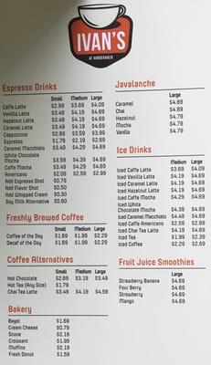 Menu as of Fall 2015