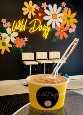 Praline Ice Cream was very good, $3. 1 of 4 flavor options at Wild Daisy.