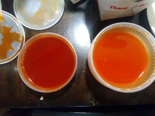 HK sweet and sour sauce on the left and King Garden on right- King Garden gave us 2 small containers of sauce and it was better than HF