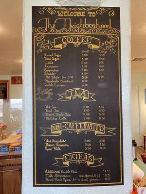 Coffee and tea menu.