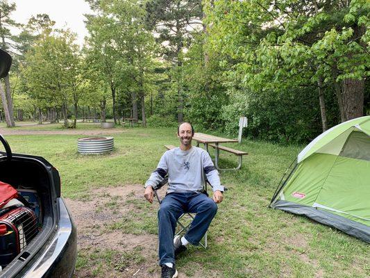 My spacious campsite for the evening at Fort Wilkins which included 50 AMP power to charge my electronics.