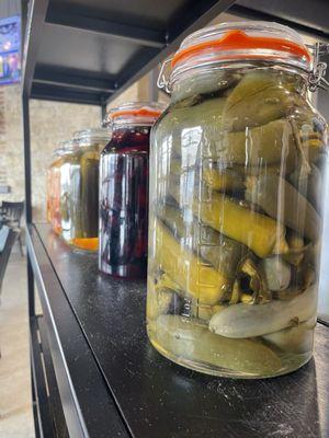 Variety if pickled items displayed.