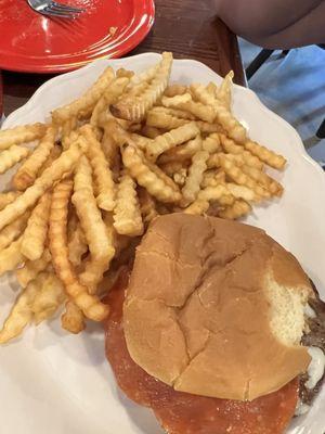 Pizza burger and fries minus one bite