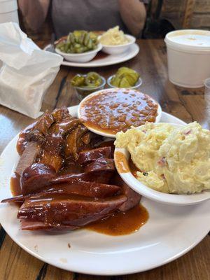 Sausage + Brisket! Potato Salad + Baked Beans! :)