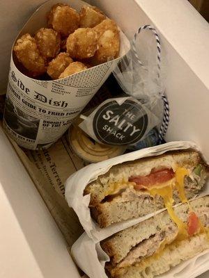 Shark Bait sandwich with tots