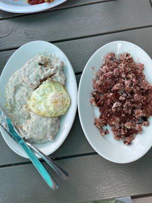 Very generous, half orders of biscuits and gravy with an egg and corn beef hash.