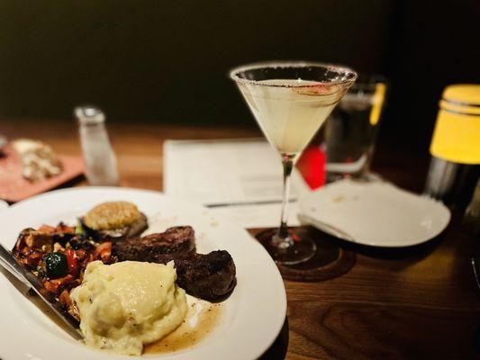 Trio of Medallions, Mary's Potatoes, and Oven-Roasted Vegetables.  (I opted for only one topped filet - Parmesan-Crusted Filet Medallion)