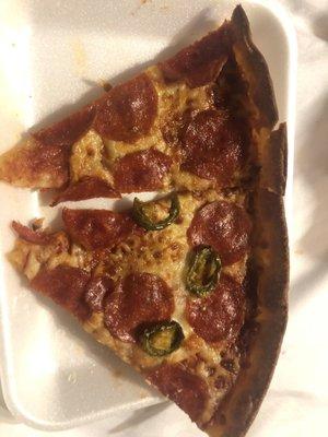 This is their version of pepperoni and jalapeño pizza. .