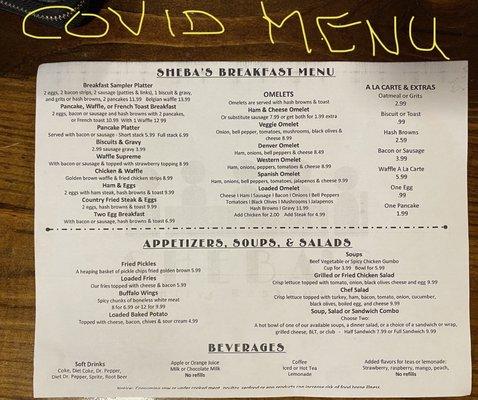 Covid reduced menu with increased prices