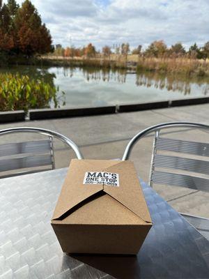 My lunch from Mac's on a table by the point at Railroad Park - a 5 minute walk from the restaurant