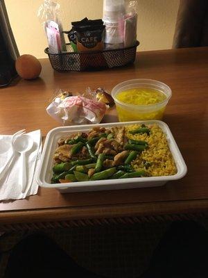 Room cam; egg drop soup, chicken with asparagus and fried rice.