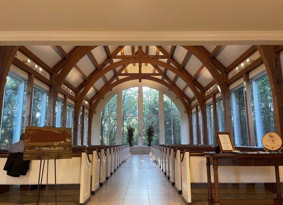 Looking down the aisle of the chapel