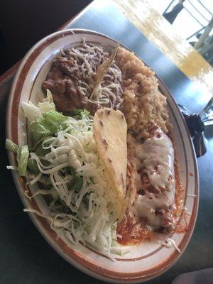 Enchilada, beans, rice, tostada combo