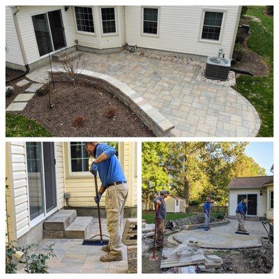 New patio, seat wall, steps, walkway, and drainage by Belgard certified contractor, Custom Gardens.