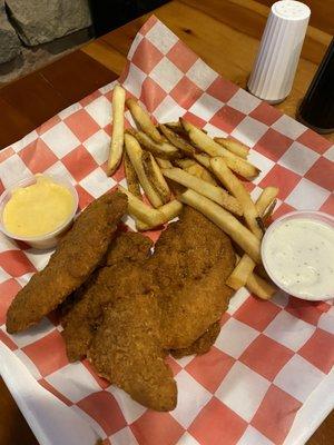 Chicken tenders, with a side of cheese sauce and ranch