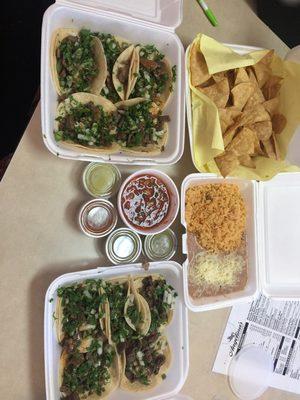 Family special $25.00 for 10 mini tacos side of beans and rice. Chips and salsa. And then 4 salsas of your choice.