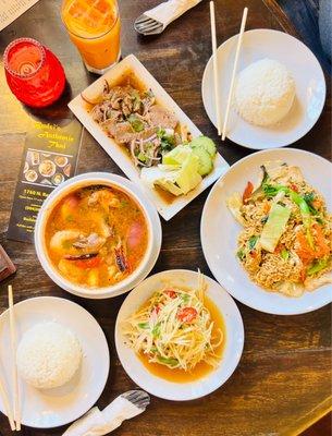 Spicy Somtam Papaya Salad, Tom Yum Soup, Drunken Noodles with Chicken and Waterfall Beef