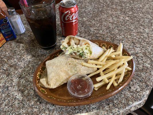 Large shrimp burrito , shoe string fries and fresh salsa. Every bite mouth watering.