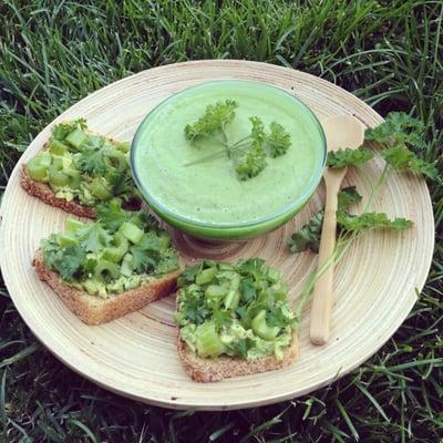 Grindstone's gluten free quinoa/millet/sprouted seeds bread with smashed avocado, chopped celery and parsley + raw vegan soup