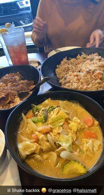 Chicken and veggie curry, beef fried rice, and pad soon sen w glass noodles!!