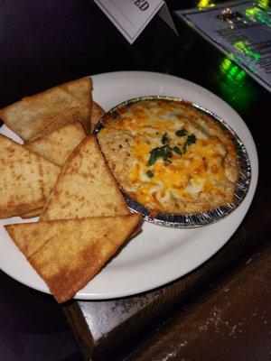 Crab dip with homemade tortilla chips! Definitely a favorite